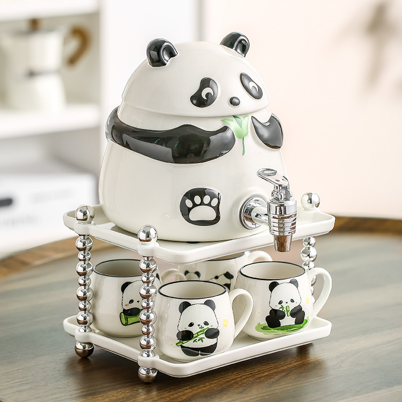 Cană de apă rece cu robinet, set de pahare cu design panda, capacitate mare, rezistent la temperaturi înalte, pentru uz casnic