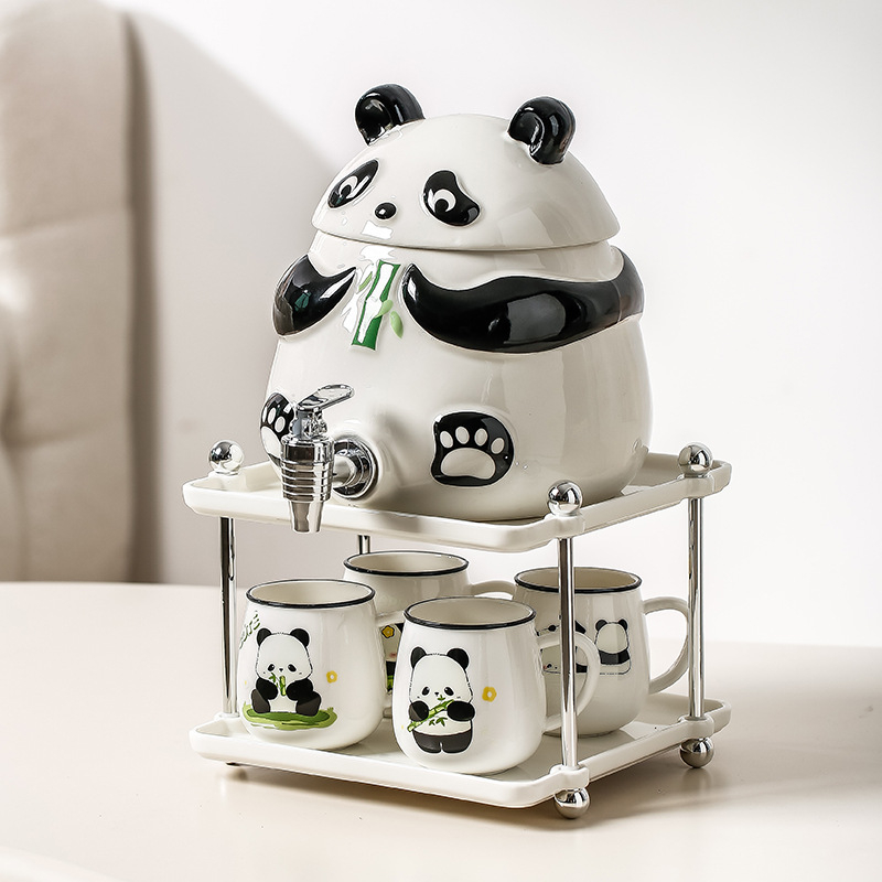 Cană de apă rece cu robinet, set de pahare cu design panda, capacitate mare, rezistent la temperaturi înalte, pentru uz casnic