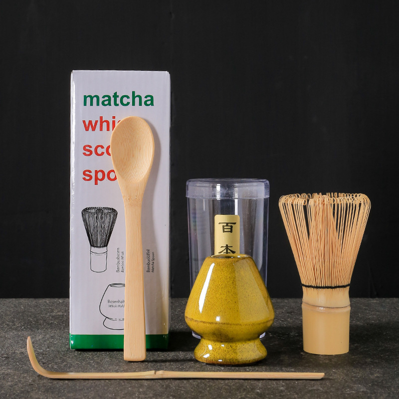 Σετ εργαλείων τσαγιού matcha σε ιαπωνικό στυλ, τριών τεμαχίων, με μπαμπού αναδευτήρα και καπάκι, παραδοσιακά εργαλεία τσαγιού