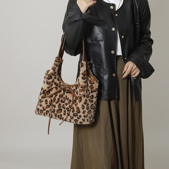 Korejski stil retro pliš torba s leopard uzorkom, velika kapaciteta, mašna, torba preko ramena za svakodnevnu upotrebu