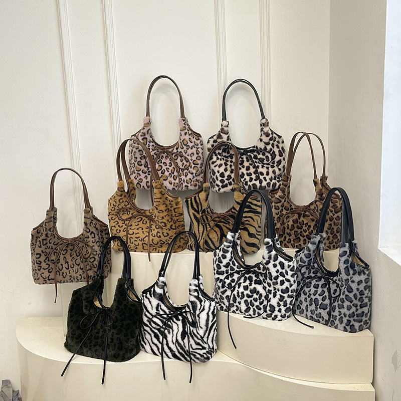 Korejski stil retro pliš torba s leopard uzorkom, velika kapaciteta, mašna, torba preko ramena za svakodnevnu upotrebu