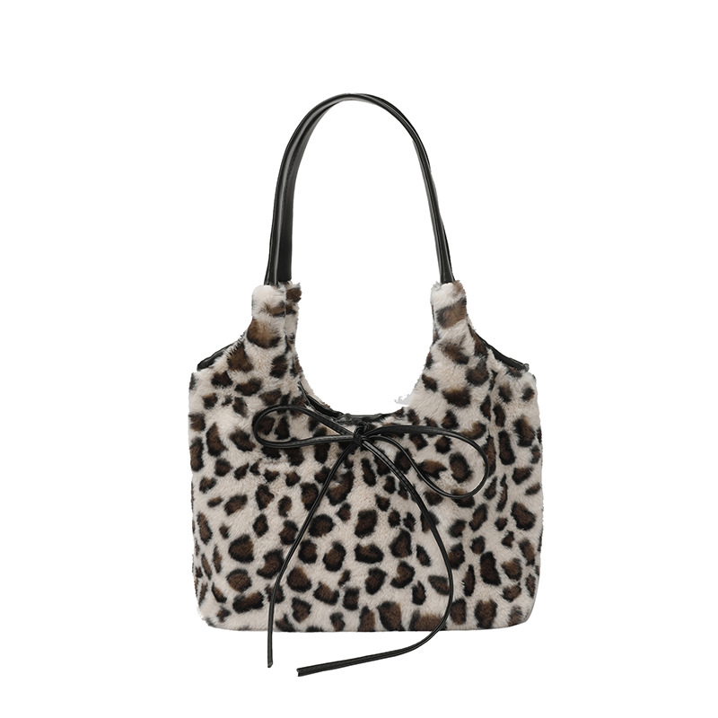 Korejski stil retro pliš torba s leopard uzorkom, velika kapaciteta, mašna, torba preko ramena za svakodnevnu upotrebu