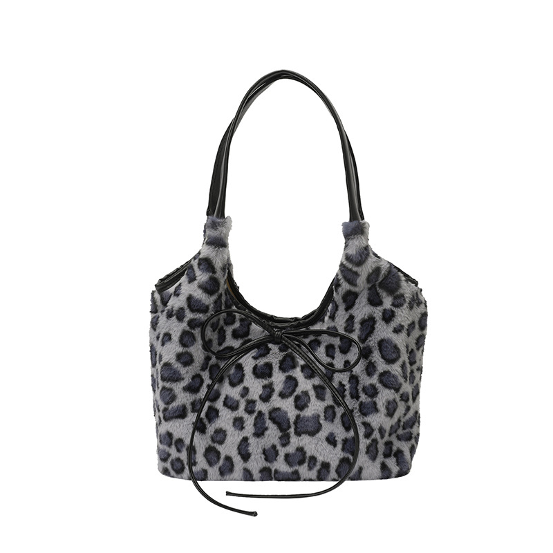 Korejski stil retro pliš torba s leopard uzorkom, velika kapaciteta, mašna, torba preko ramena za svakodnevnu upotrebu