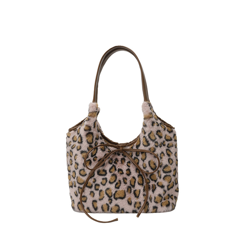 Korejski stil retro pliš torba s leopard uzorkom, velika kapaciteta, mašna, torba preko ramena za svakodnevnu upotrebu