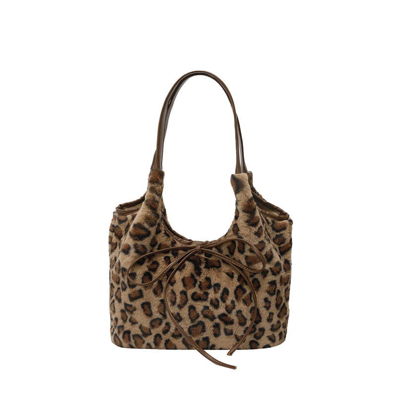 Korejski stil retro pliš torba s leopard uzorkom, velika kapaciteta, mašna, torba preko ramena za svakodnevnu upotrebu