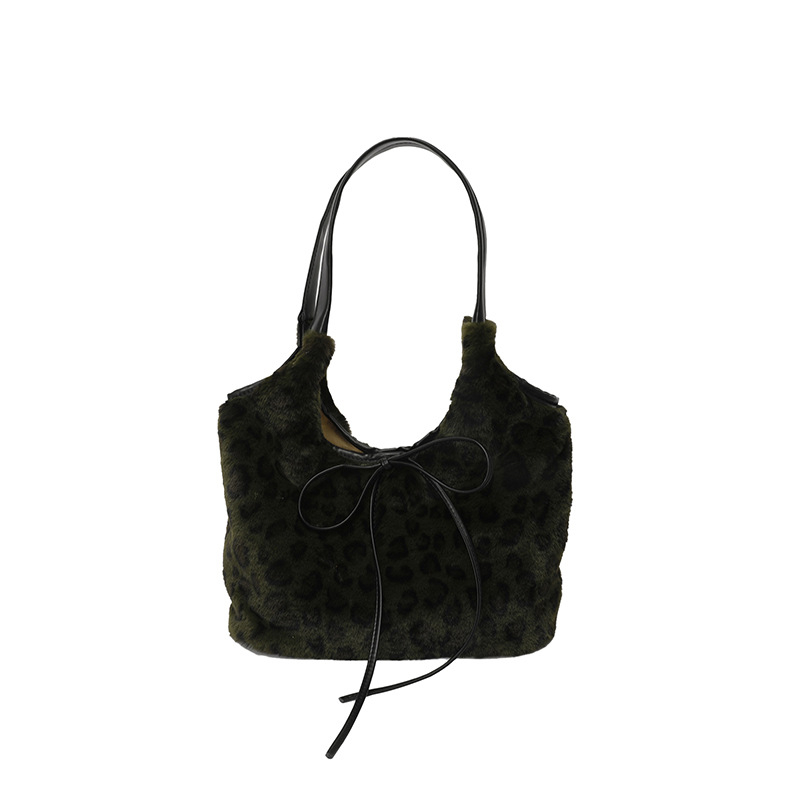 Korejski stil retro pliš torba s leopard uzorkom, velika kapaciteta, mašna, torba preko ramena za svakodnevnu upotrebu