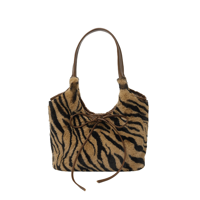 Korejski stil retro pliš torba s leopard uzorkom, velika kapaciteta, mašna, torba preko ramena za svakodnevnu upotrebu