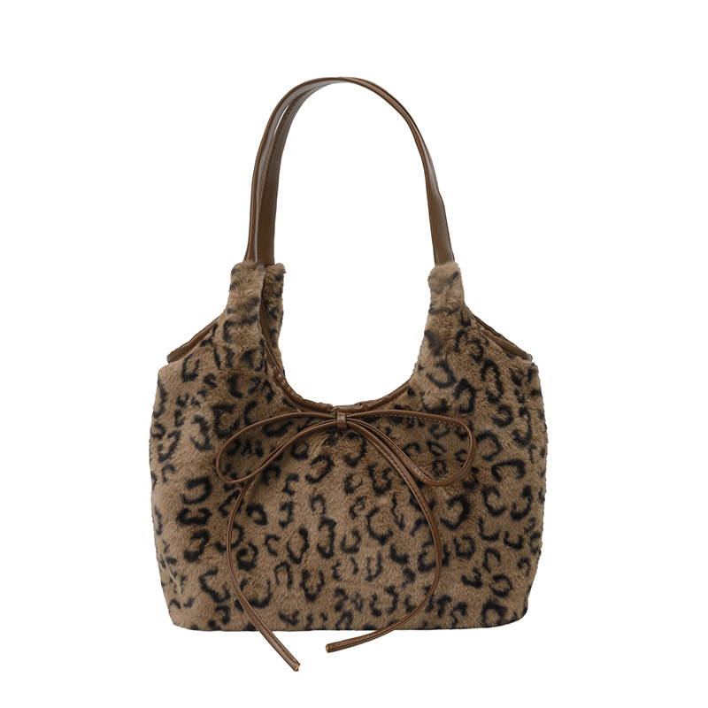 Korejski stil retro pliš torba s leopard uzorkom, velika kapaciteta, mašna, torba preko ramena za svakodnevnu upotrebu