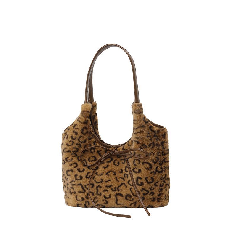 Korejski stil retro pliš torba s leopard uzorkom, velika kapaciteta, mašna, torba preko ramena za svakodnevnu upotrebu