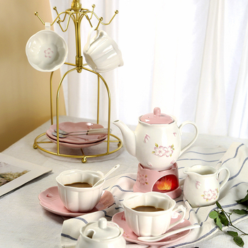 Set cafea și ceai în stil european, ceașcă de cafea și farfurie roz, ceramică cu model floral