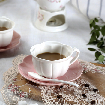 Set cafea și ceai în stil european, ceașcă de cafea și farfurie roz, ceramică cu model floral