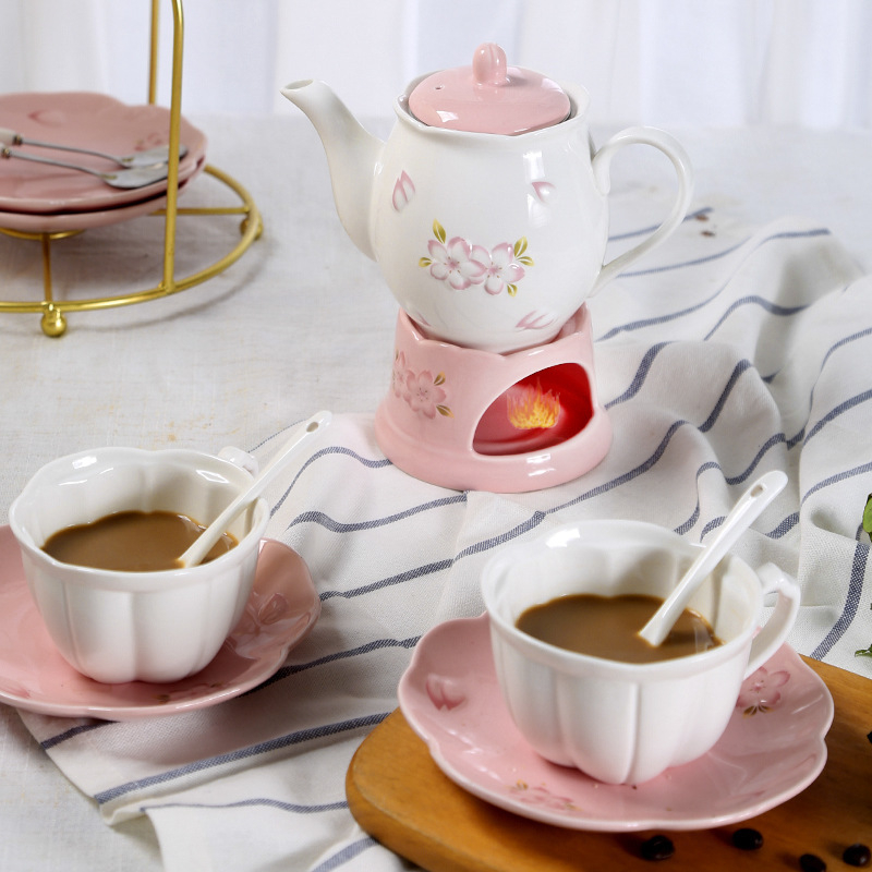 Set cafea și ceai în stil european, ceașcă de cafea și farfurie roz, ceramică cu model floral