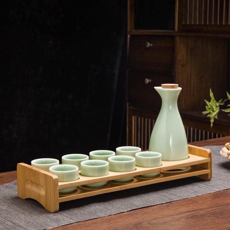 Set de sake din ceramică, stil chinezesc retro, cu oală celadon și 6 cești cu suport pentru cești, set de 7 piese