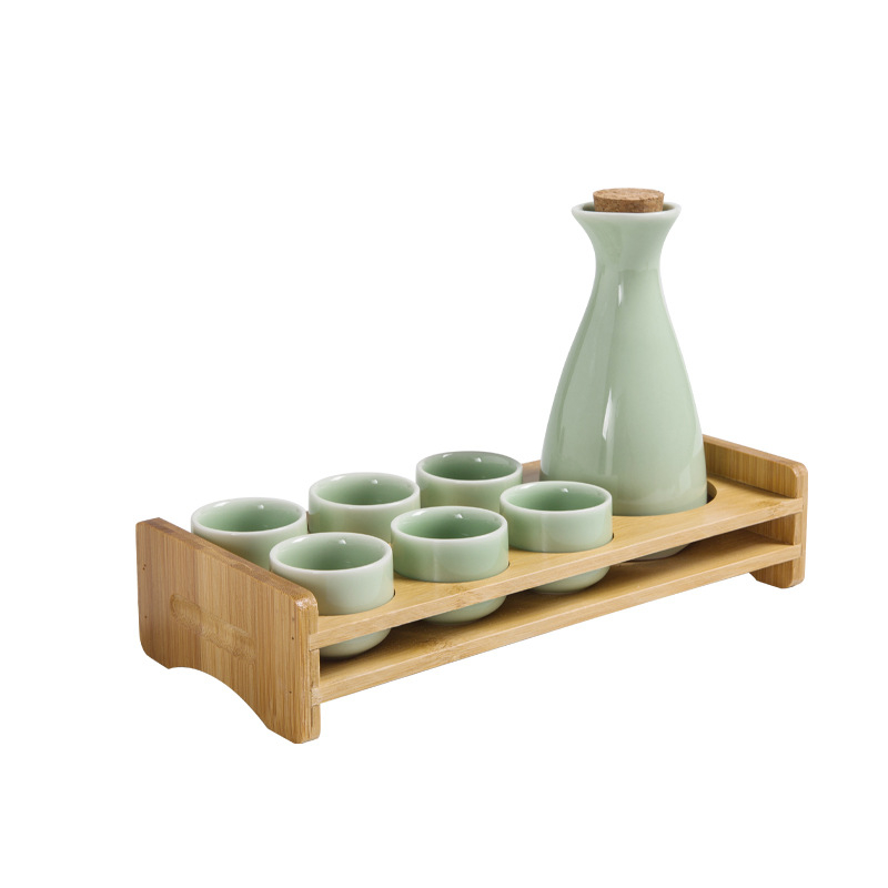 Set de sake din ceramică, stil chinezesc retro, cu oală celadon și 6 cești cu suport pentru cești, set de 7 piese