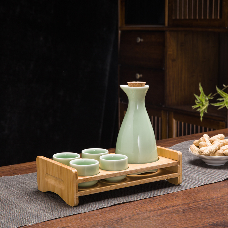 Set de sake din ceramică, stil chinezesc retro, cu oală celadon și 6 cești cu suport pentru cești, set de 7 piese