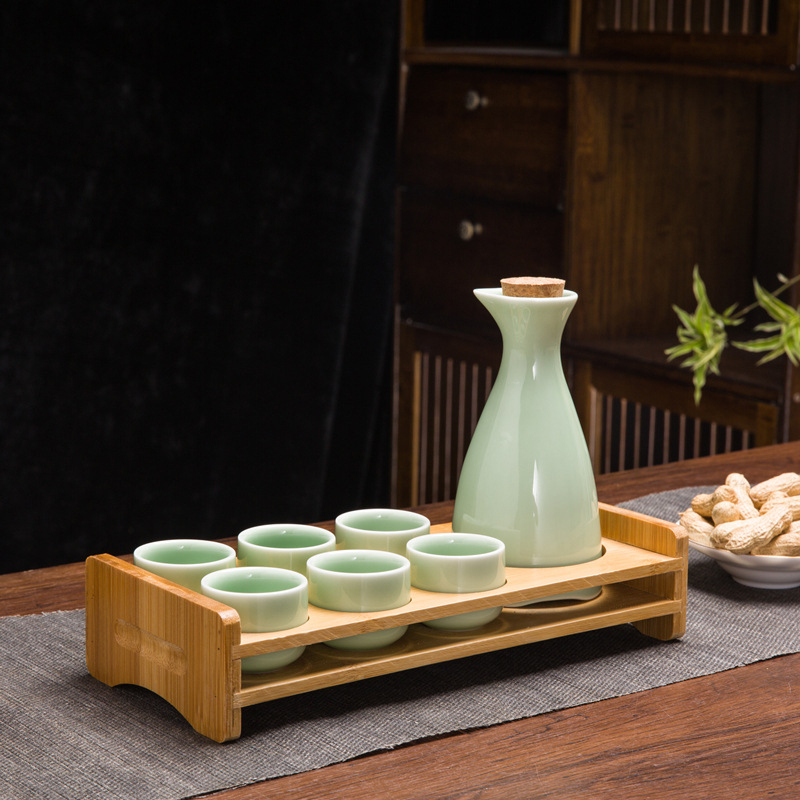 Set de sake din ceramică, stil chinezesc retro, cu oală celadon și 6 cești cu suport pentru cești, set de 7 piese