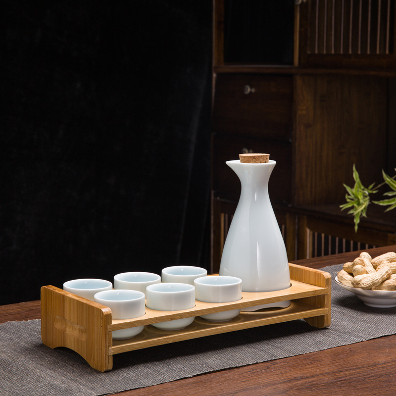 Set de sake din ceramică, stil chinezesc retro, cu oală celadon și 6 cești cu suport pentru cești, set de 7 piese