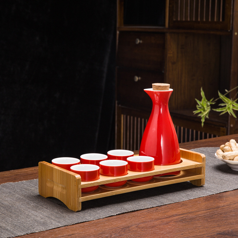 Set de sake din ceramică, stil chinezesc retro, cu oală celadon și 6 cești cu suport pentru cești, set de 7 piese