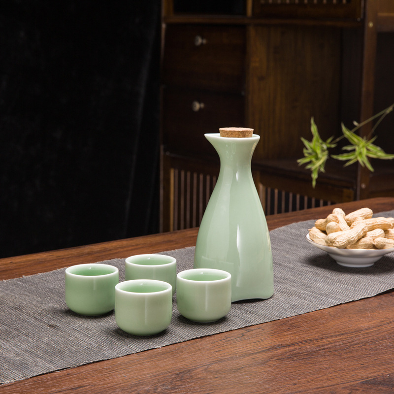 Set de sake din ceramică, stil chinezesc retro, cu oală celadon și 6 cești cu suport pentru cești, set de 7 piese