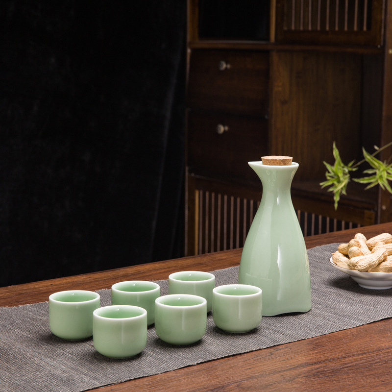 Set de sake din ceramică, stil chinezesc retro, cu oală celadon și 6 cești cu suport pentru cești, set de 7 piese