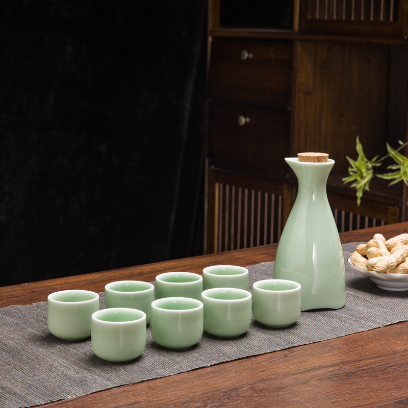 Set de sake din ceramică, stil chinezesc retro, cu oală celadon și 6 cești cu suport pentru cești, set de 7 piese