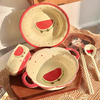 Set ceramic de veselă pentru masă cu temă pepene roșu, design drăguț feminin cu inimioare, boluri și farfurii în stil coreean, mare bol pentru supă, valoare estetică înaltă