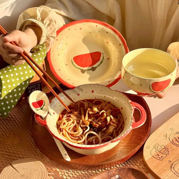 Set ceramic de veselă pentru masă cu temă pepene roșu, design drăguț feminin cu inimioare, boluri și farfurii în stil coreean, mare bol pentru supă, valoare estetică înaltă