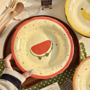 Set ceramic de veselă pentru masă cu temă pepene roșu, design drăguț feminin cu inimioare, boluri și farfurii în stil coreean, mare bol pentru supă, valoare estetică înaltă
