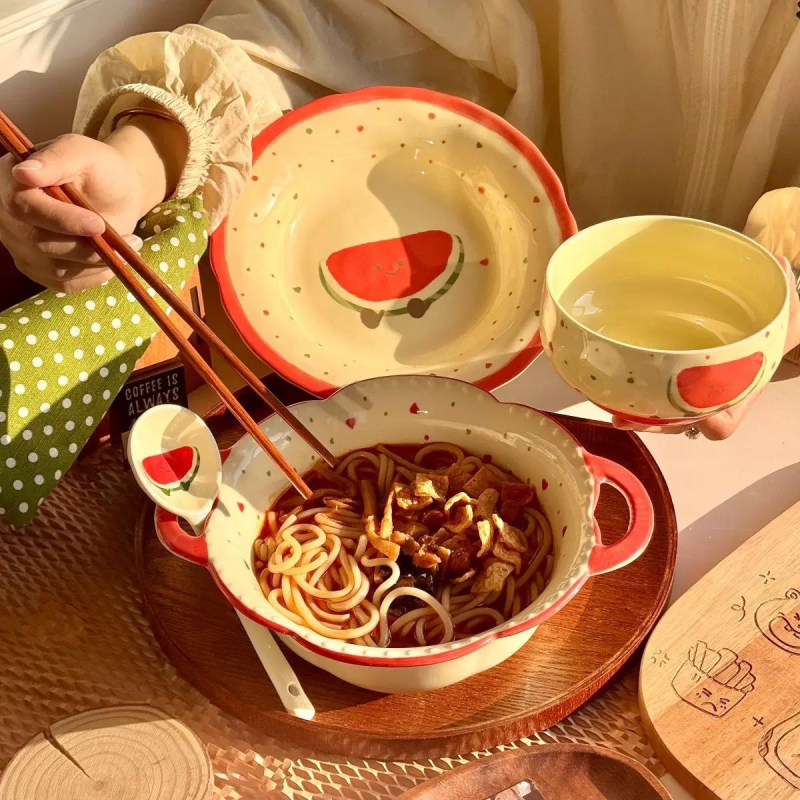 Set ceramic de veselă pentru masă cu temă pepene roșu, design drăguț feminin cu inimioare, boluri și farfurii în stil coreean, mare bol pentru supă, valoare estetică înaltă