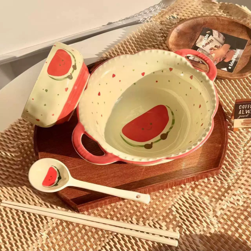 Set ceramic de veselă pentru masă cu temă pepene roșu, design drăguț feminin cu inimioare, boluri și farfurii în stil coreean, mare bol pentru supă, valoare estetică înaltă