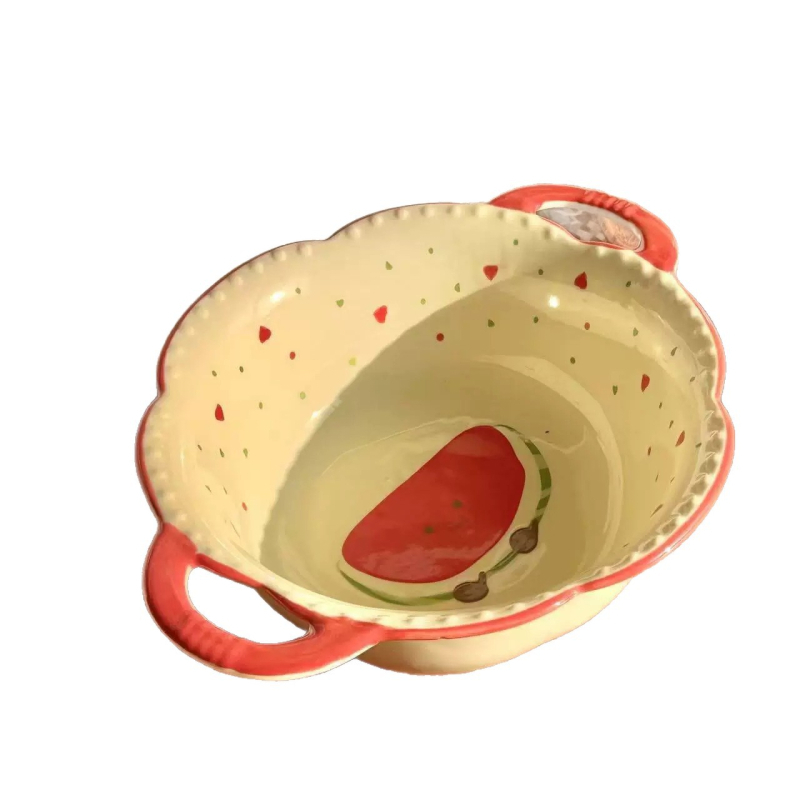 Set ceramic de veselă pentru masă cu temă pepene roșu, design drăguț feminin cu inimioare, boluri și farfurii în stil coreean, mare bol pentru supă, valoare estetică înaltă
