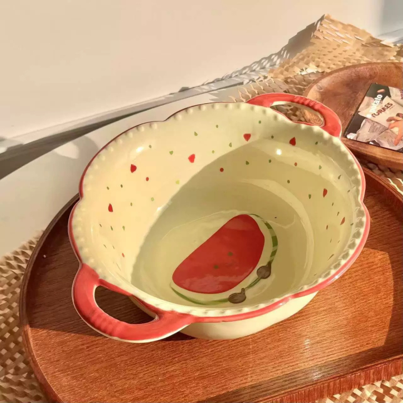 Set ceramic de veselă pentru masă cu temă pepene roșu, design drăguț feminin cu inimioare, boluri și farfurii în stil coreean, mare bol pentru supă, valoare estetică înaltă