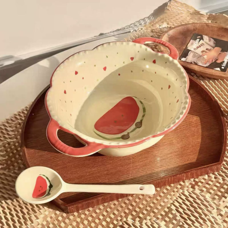 Set ceramic de veselă pentru masă cu temă pepene roșu, design drăguț feminin cu inimioare, boluri și farfurii în stil coreean, mare bol pentru supă, valoare estetică înaltă