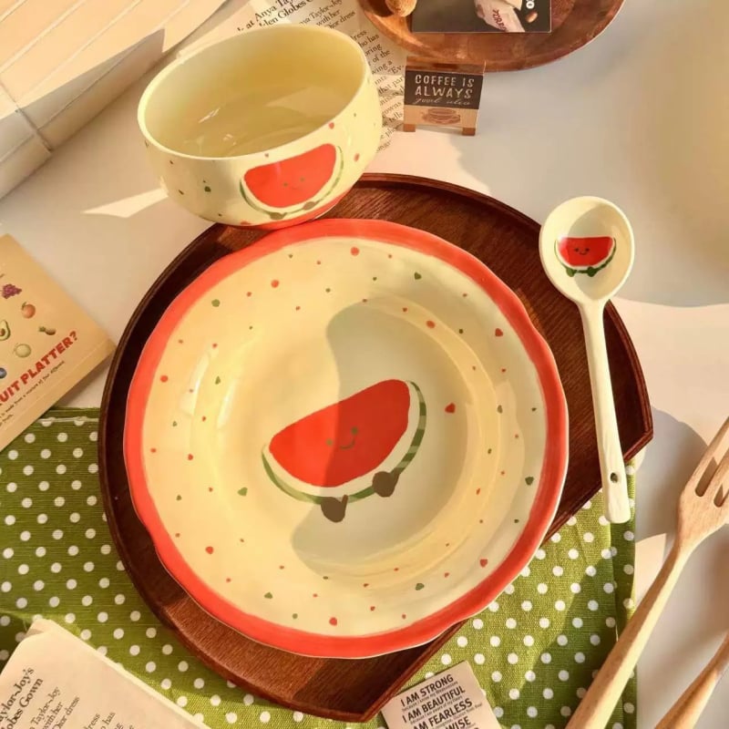 Set ceramic de veselă pentru masă cu temă pepene roșu, design drăguț feminin cu inimioare, boluri și farfurii în stil coreean, mare bol pentru supă, valoare estetică înaltă