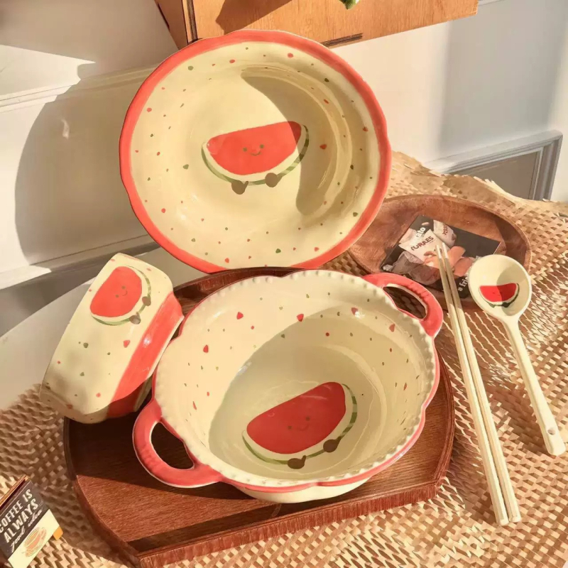 Set ceramic de veselă pentru masă cu temă pepene roșu, design drăguț feminin cu inimioare, boluri și farfurii în stil coreean, mare bol pentru supă, valoare estetică înaltă