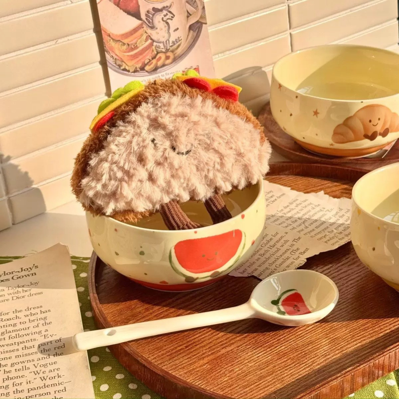 Set ceramic de veselă pentru masă cu temă pepene roșu, design drăguț feminin cu inimioare, boluri și farfurii în stil coreean, mare bol pentru supă, valoare estetică înaltă