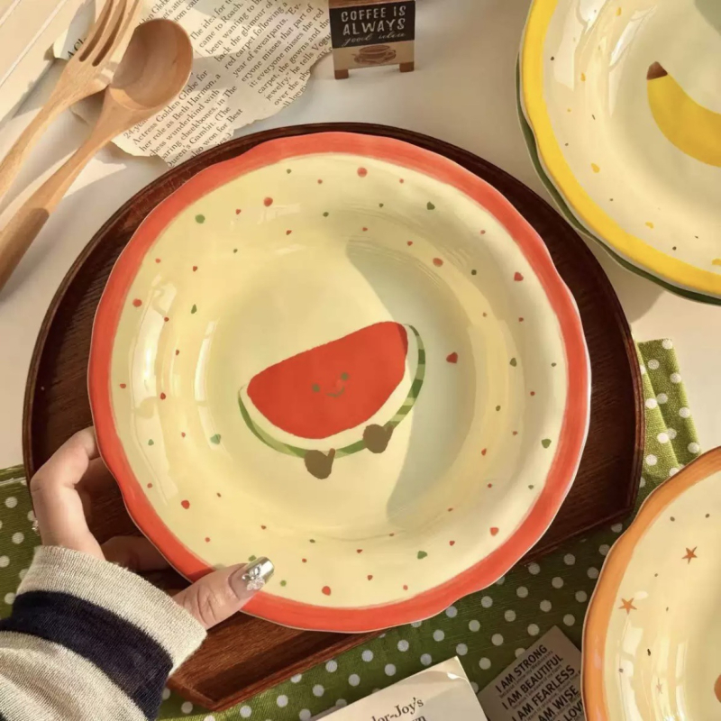 Set ceramic de veselă pentru masă cu temă pepene roșu, design drăguț feminin cu inimioare, boluri și farfurii în stil coreean, mare bol pentru supă, valoare estetică înaltă