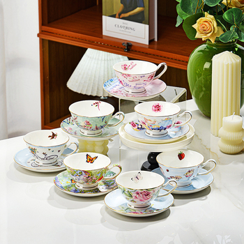 Set de cești de cafea din porțelan de os cu margine auriu, stil european, farfurioare, căni înalte pentru ceaiul de după-amiază, model floral