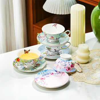 Set de cești de cafea din porțelan de os cu margine auriu, stil european, farfurioare, căni înalte pentru ceaiul de după-amiază, model floral