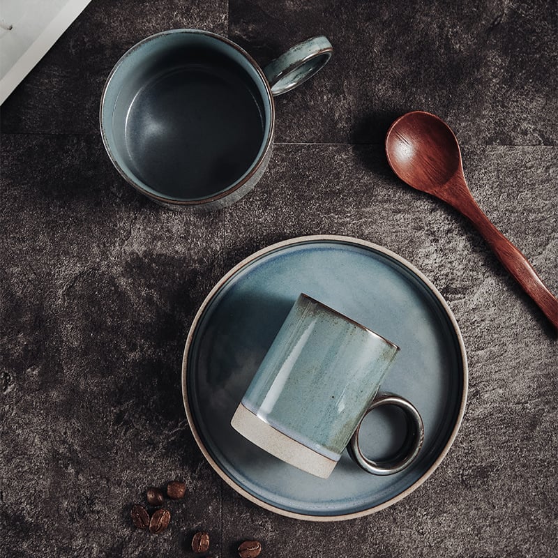 Set ceramic cești și farfurioare de cafea în stil japonez, căni lucrate manual din ceramică grosieră, ceainic pour-over cu filtru pentru espresso