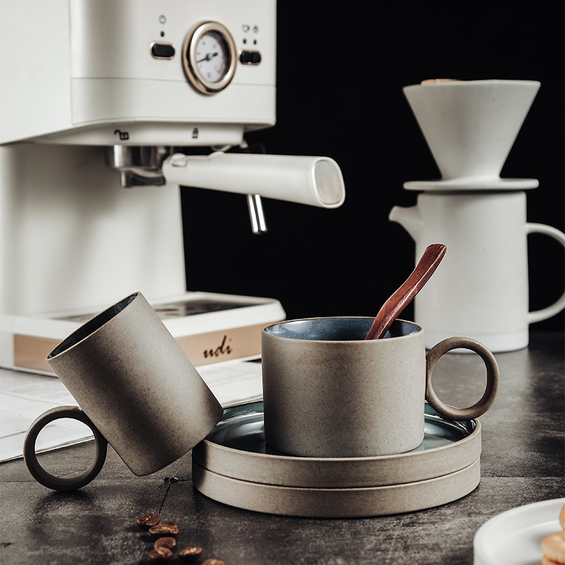 Set ceramic cești și farfurioare de cafea în stil japonez, căni lucrate manual din ceramică grosieră, ceainic pour-over cu filtru pentru espresso