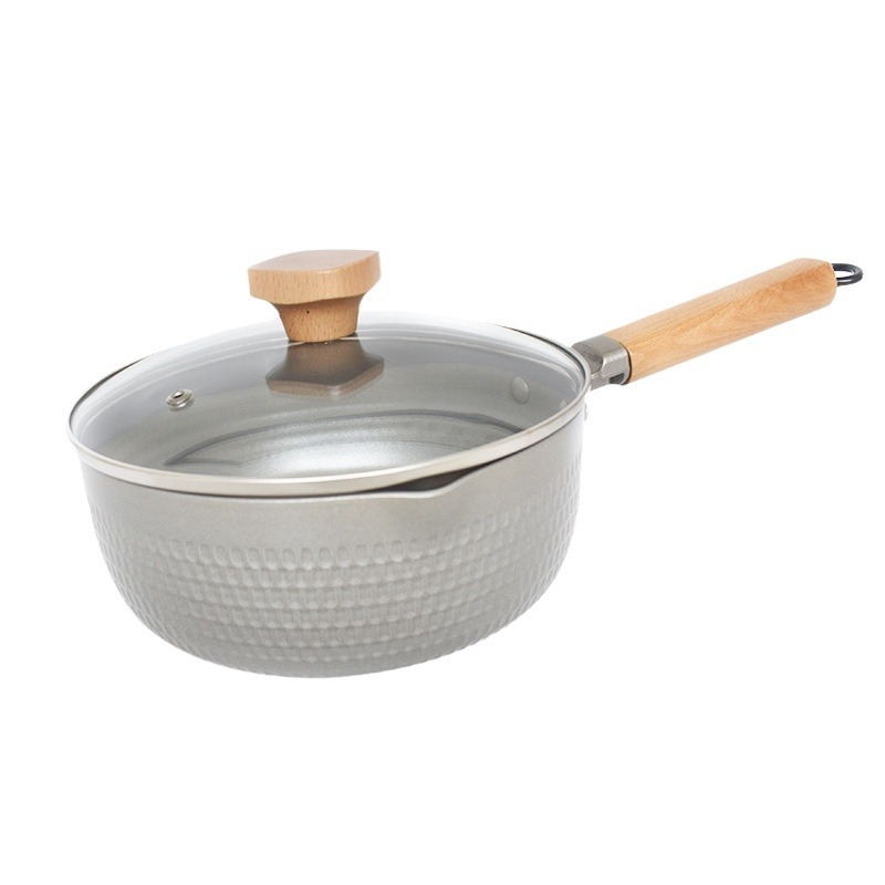Oală Yukihira în stil japonez, cu bază groasă, mâner din lemn, antiaderentă pentru lapte și supă, din aliaj de aluminiu, compatibilă cu plitele cu inducție, uz casnic