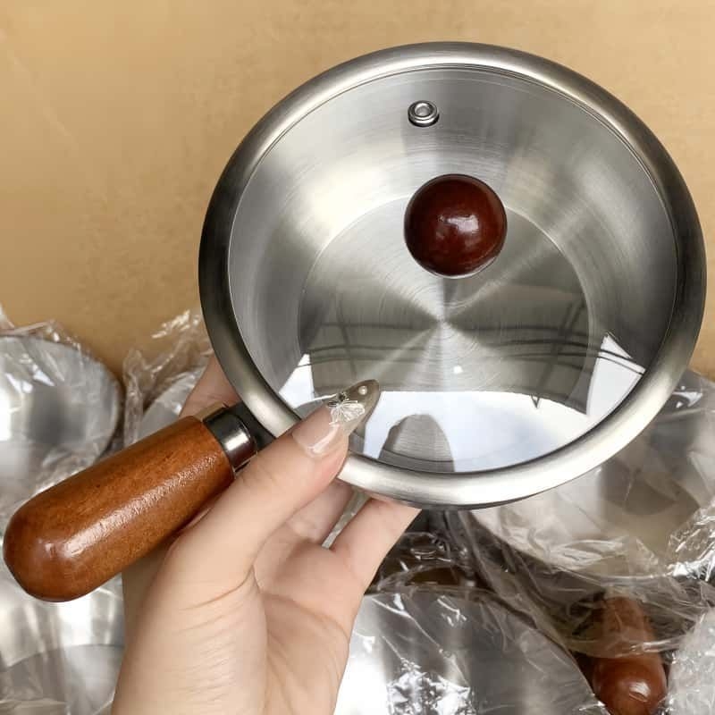Oală din oțel inoxidabil extra groasă, cu mâner din lemn – oală multifuncțională pentru mâncare de bebeluți, supă și paste