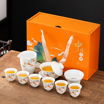 Set de ceai Kung Fu din porțelan alb pentru casă și birou, cu gaiwan, cești ceramice și farfurie, pachet cadou complet cu personalizare logo