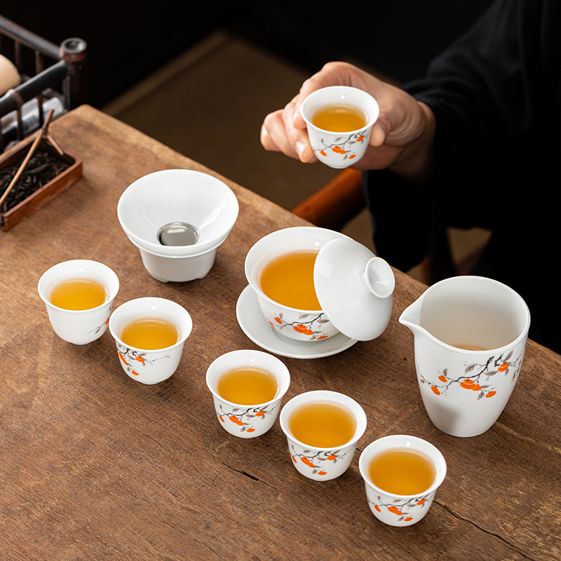 Set de ceai Kung Fu din porțelan alb pentru casă și birou, cu gaiwan, cești ceramice și farfurie, pachet cadou complet cu personalizare logo