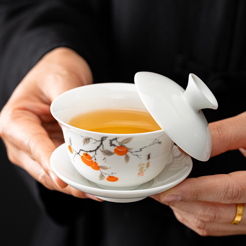 Set de ceai Kung Fu din porțelan alb pentru casă și birou, cu gaiwan, cești ceramice și farfurie, pachet cadou complet cu personalizare logo