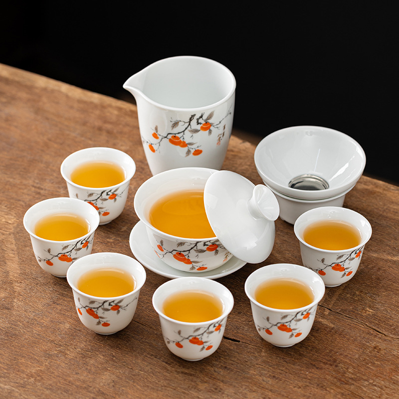 Set de ceai Kung Fu din porțelan alb pentru casă și birou, cu gaiwan, cești ceramice și farfurie, pachet cadou complet cu personalizare logo