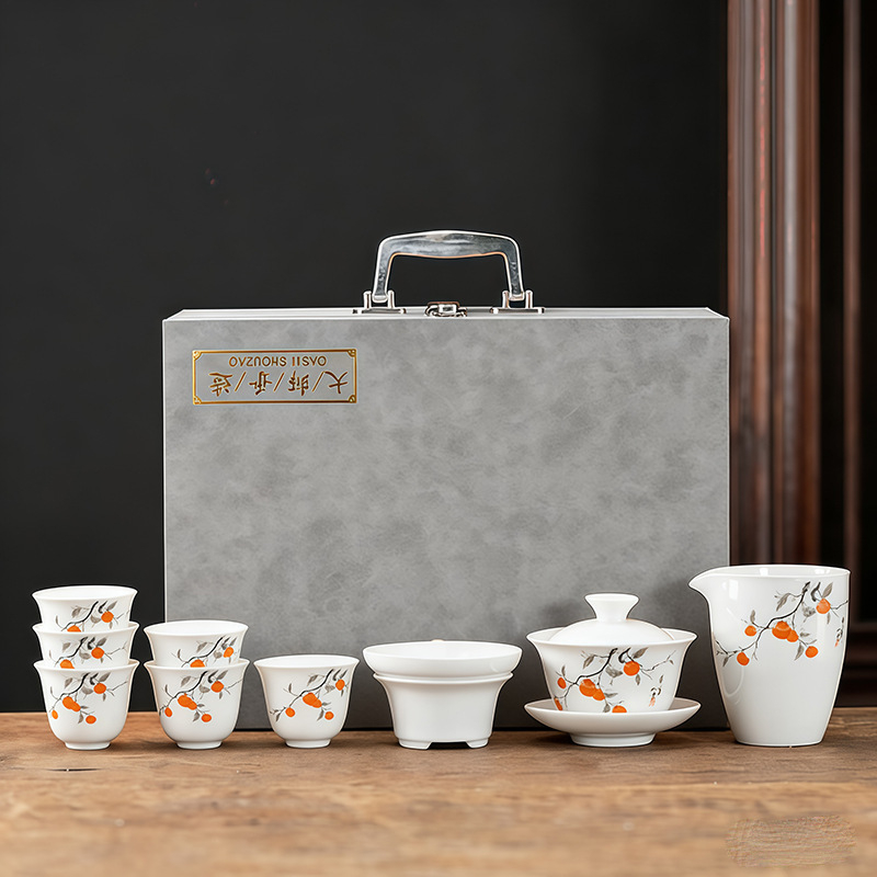 Set de ceai Kung Fu din porțelan alb pentru casă și birou, cu gaiwan, cești ceramice și farfurie, pachet cadou complet cu personalizare logo
