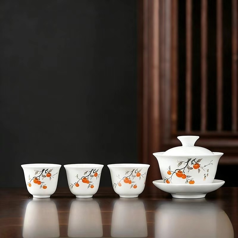 Set de ceai Kung Fu din porțelan alb pentru casă și birou, cu gaiwan, cești ceramice și farfurie, pachet cadou complet cu personalizare logo