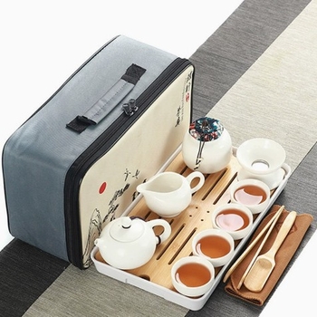 Set de ceai ceramic de călătorie — kit portabil pentru exterior, tavă din lemn, personalizabil, pentru 6 persoane